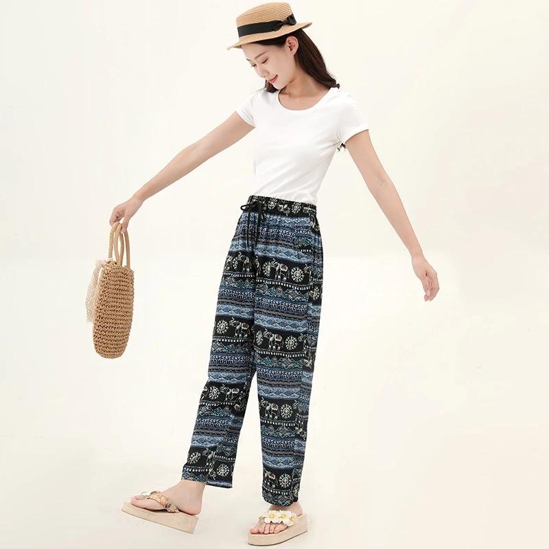 Elephant Pants Adjustable Elastic High Waistband Strap Loose Leg Unisex Man Women Print Thailand Casual Streetwear Beach Bohemian Retro Vintage