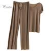 Lady Top Pants Set 2 Pcs/Set Women T-shirt Pleated Wide Leg V Neck Short Sleeves Summer Loose Homewear Pullover Thin Plus Size Trousers Clothing