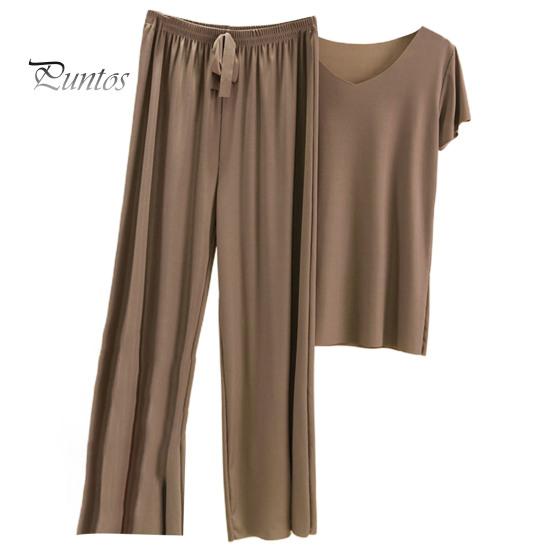 Lady Top Pants Set 2 Pcs/Set Women T-shirt Pleated Wide Leg V Neck Short Sleeves Summer Loose Homewear Pullover Thin Plus Size Trousers Clothing