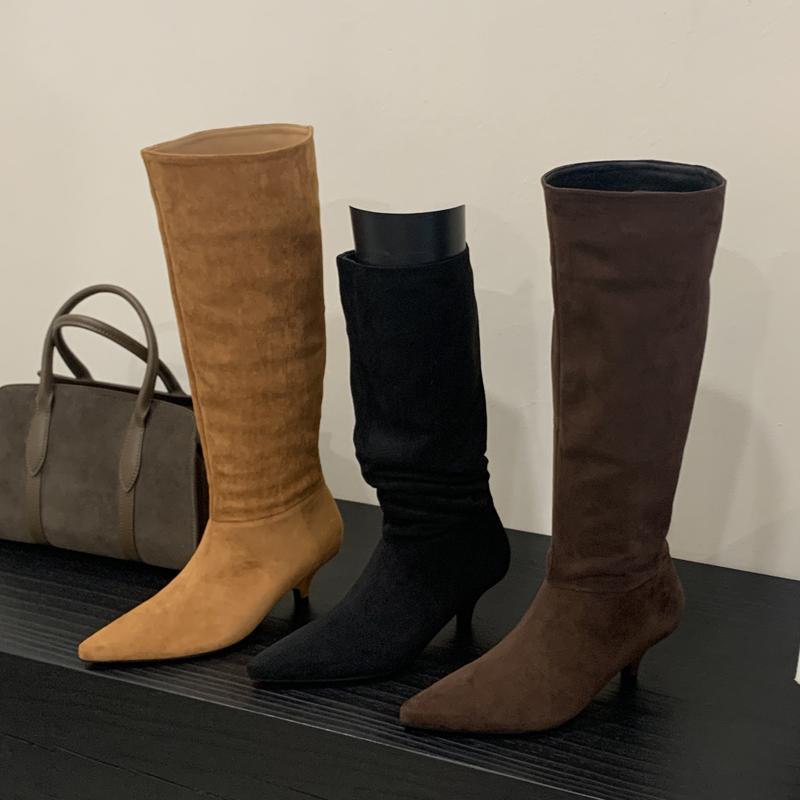 Eilyken Cizme de iarnă pentru femei, cu vârf ascuțit, până la genunchi, pantofi la modă cu toc jos subțire, botine pliate de designer