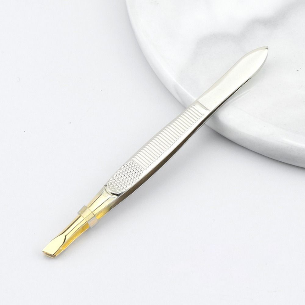 Stainless Steel Eyebrow Trimming Tweezers Slant Tip Plucking Eyelash Curler Flat Tip Mesh Stripe Handle Face Hair Removal Tools
