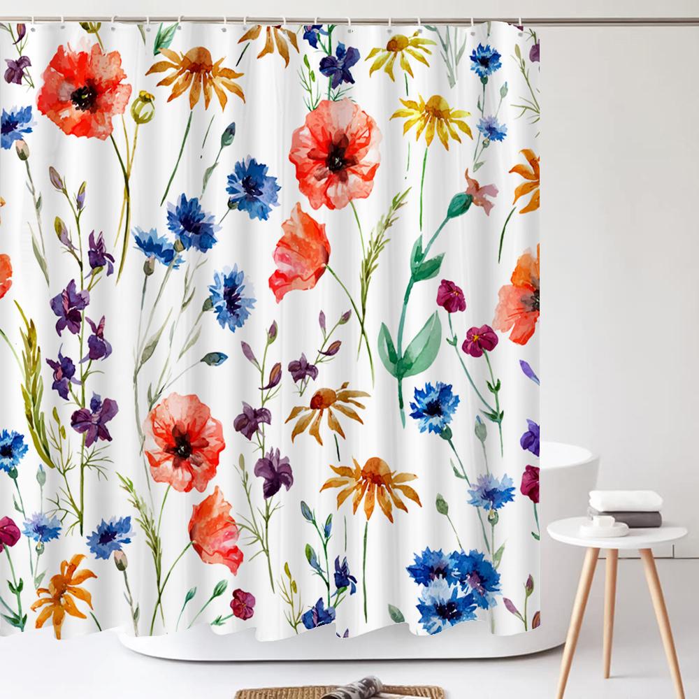 Green Leaves Plant Flower Butterfly Shower Curtain Watercolor Floral Waterproof Fabric Bath Curtains Bathroom Accessorie Decor