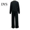 Women Spring Suit 2 Pcs/Set Top Pants Round Neck Long Sleeves Rhinestone Decor Sweatshirt Tracksuit Elastic Waist Wide Leg Trousers Daily Wear