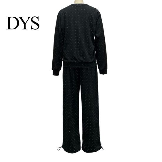 Women Spring Suit 2 Pcs/Set Top Pants Round Neck Long Sleeves Rhinestone Decor Sweatshirt Tracksuit Elastic Waist Wide Leg Trousers Daily Wear