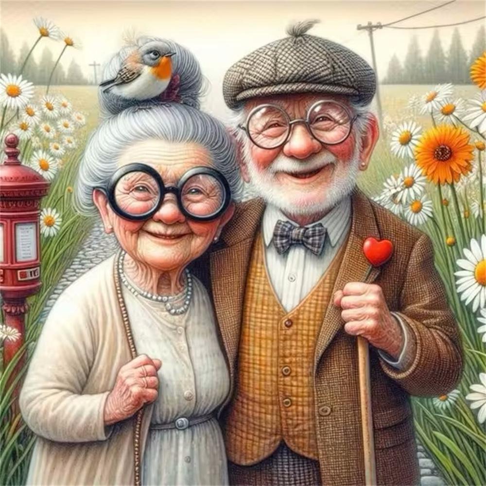 Cartoon Happy Old Couple 5D Full Round Diamond Painting Kits, Cute Grandma and Grandpa DIY Drills Mosaic Embroidery Cross-stitch