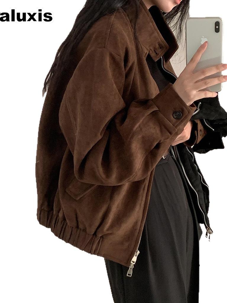 Vintage Faux Suede Jacket Women's Spring/Autumn Fashion Oversized Short Coat Top Trendy