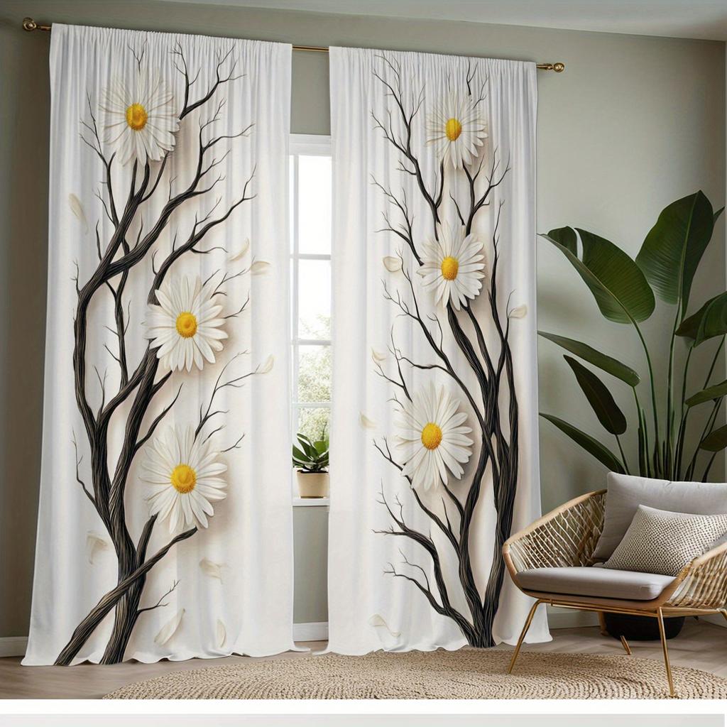 Black Twig Daisy Flower Pattern Curtains Polyester Fabric Suitable Bedroom Living Room Decoration Curtain Made Of Washable Area Ready