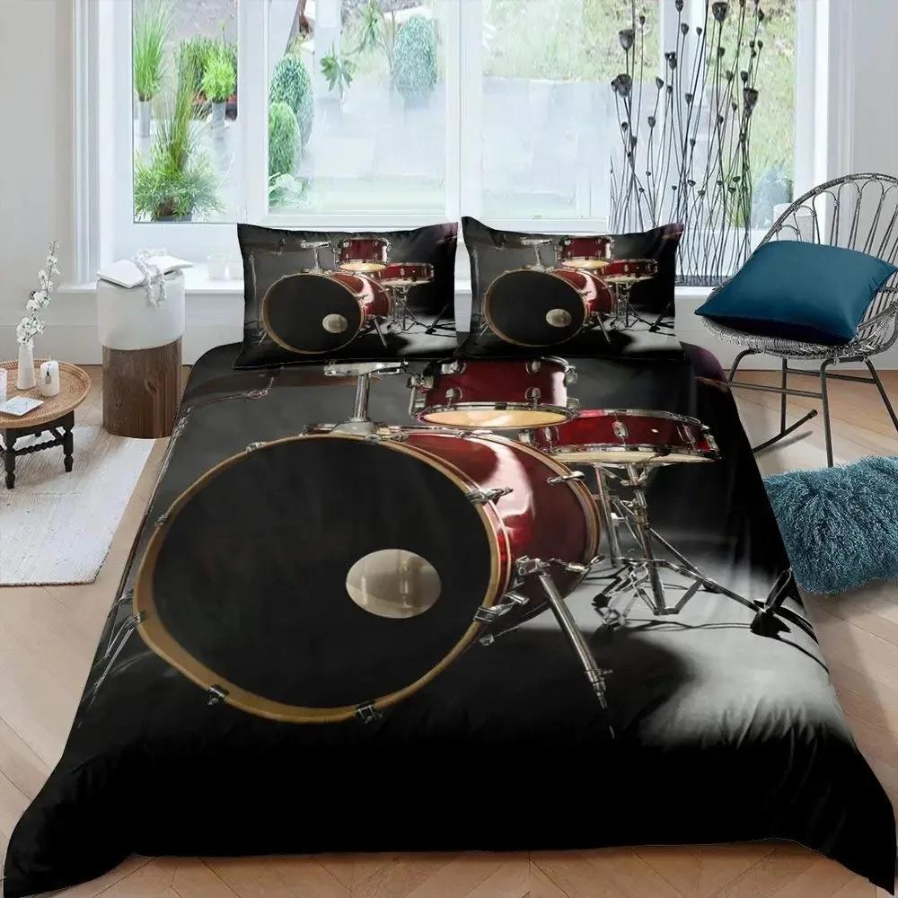 Drum Kit Duvet Cover Set,Hip Hop Bedding Set Queen Size,Rock Music Gold Flame Comforter Cover Musical Instrument Quilt Cover Set