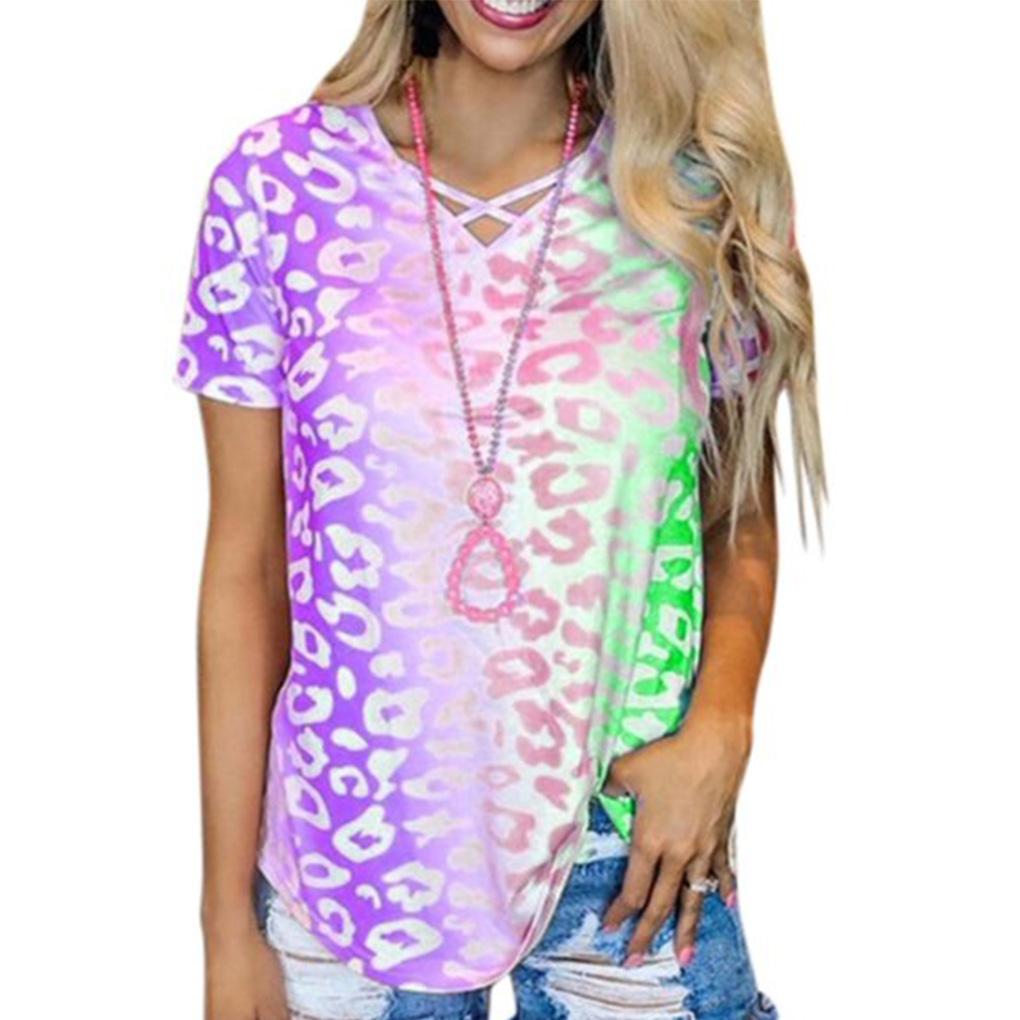 Women Tie Dyed Leopard Printed V Neck Short Sleeve Shirt