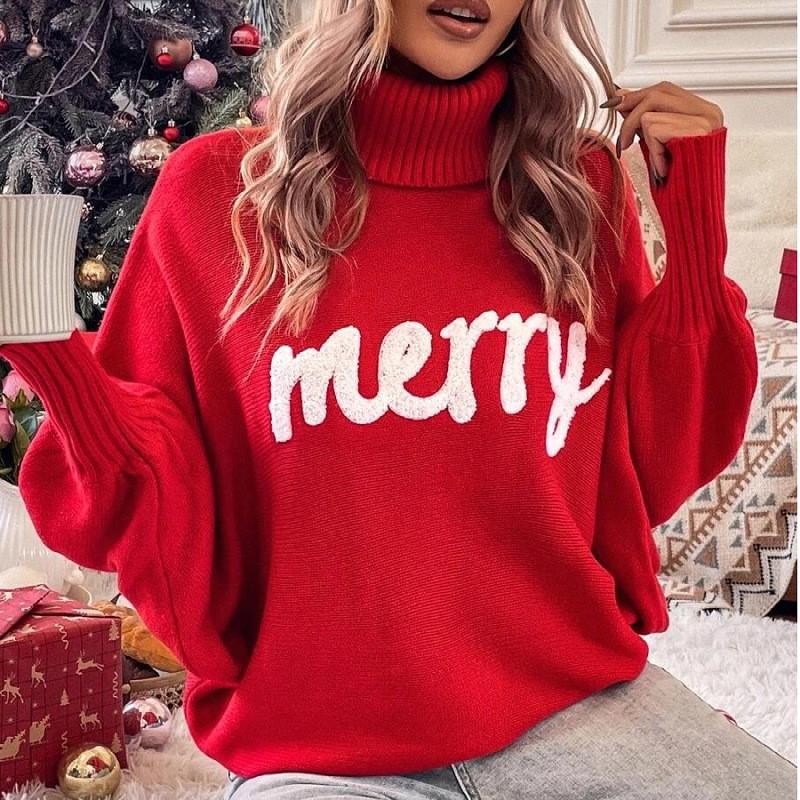 Womens Oversized High Neck Christmas Sweater With Embroidered Letters Loose Fit Batwing Sleeve Knit Pullover In Red Pink Wine Small красный