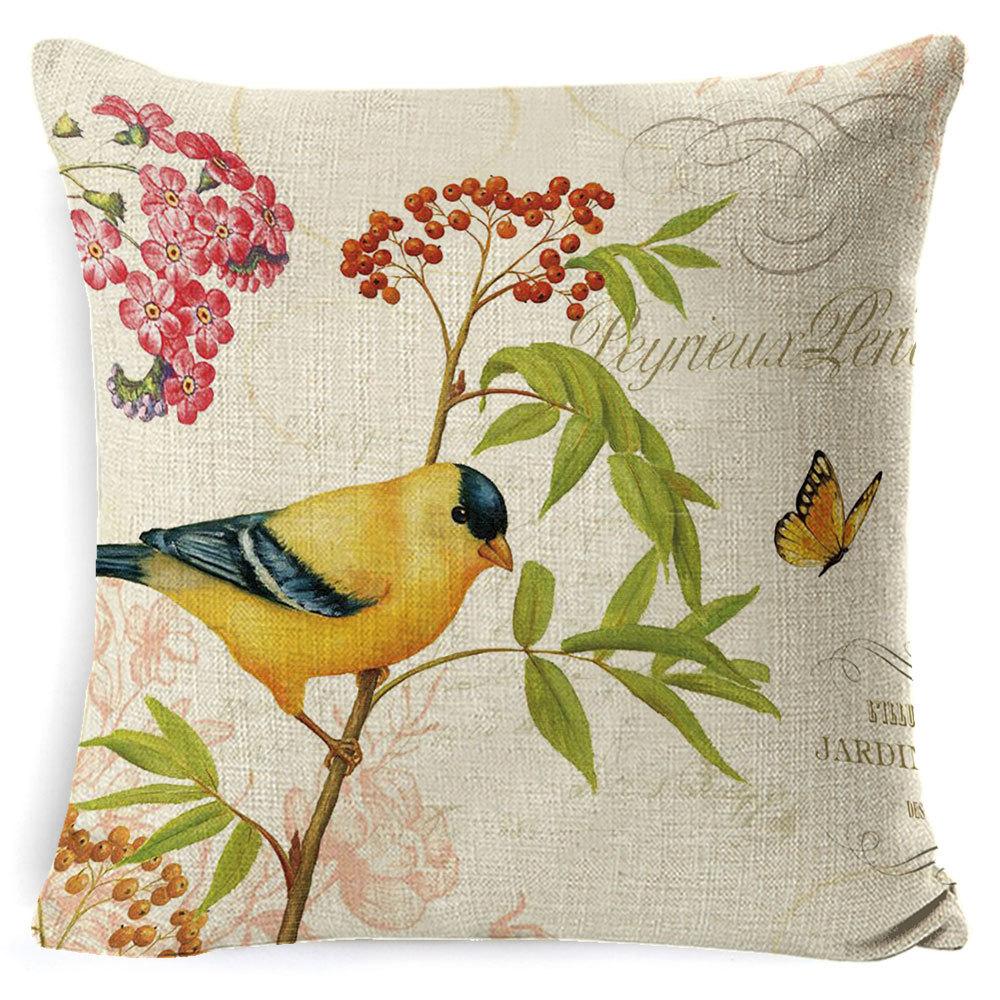 Village Style Rural Flower And Bird Sofa Pillow Cover Linen Spring Cushion Cover Car Waist Backrest Cover