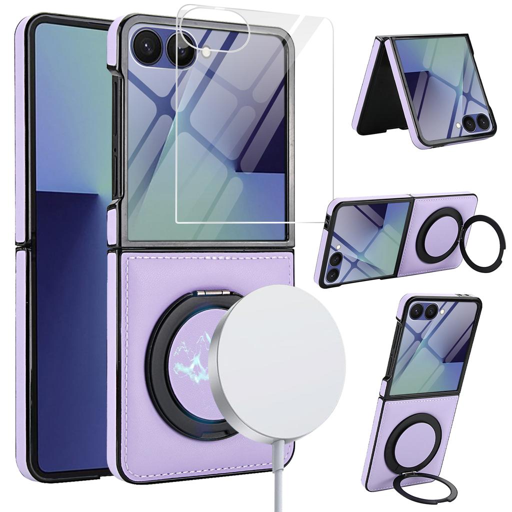 For Magsafe Charging Case for Samsung Galaxy Z Flip 7 6 Flip 5 Flip 4 3 Magnetic Rotating Bracket Cover Tempered Glass Film