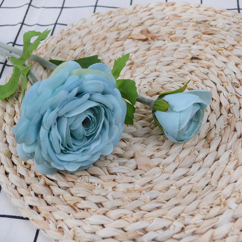 Two-Headed Silk Lotus & Camellia Faux Flowers with Flocked Stems for Home Decor синий