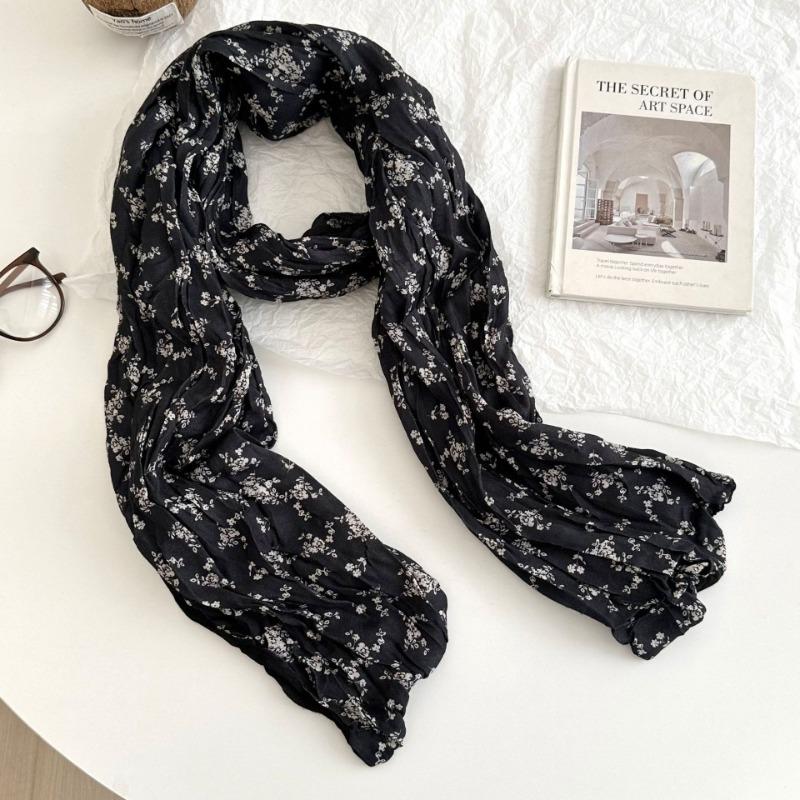 Scarf autumn and winter new floral retro pleated silk scarf neck protection warm scarf twist braid scarf shawl