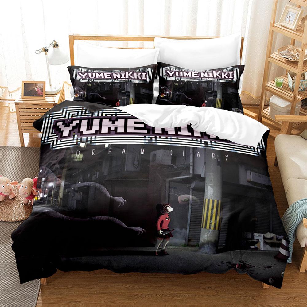 Yume Nikki Dark Dream Typography Duvet Cover Set 3PCS Polyester Bedding With 2 Pillowcases Indie Surreal Text Art Home Decor