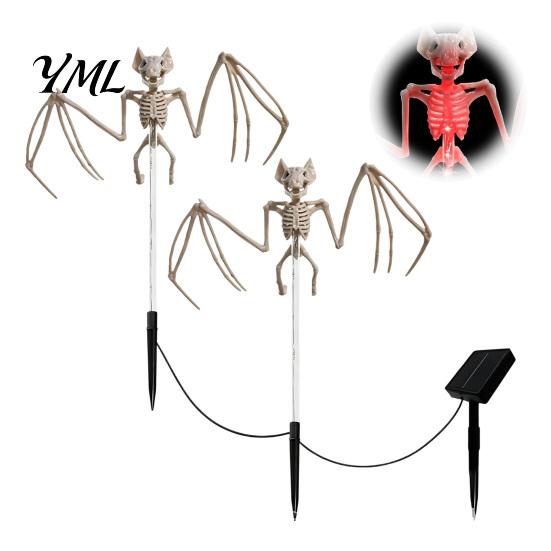 Outdoor Spooky Garden Ornament Solar Halloween Bat Lights, Realistic Skeleton Pathway Decor, Waterproof LED Strange Green Light Props Stake