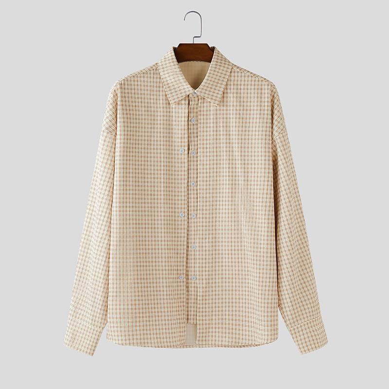 INCERUN Oversized Men Lapel Neck Long Sleeve Buttons Double Layers Casual Plaid Shirts