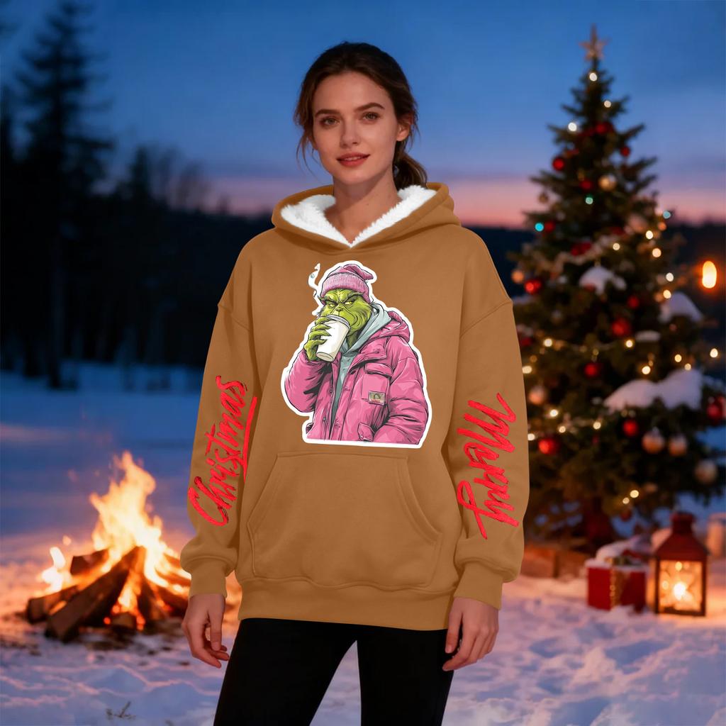 Women's Casual Fashion Plus Velvet Thickened Christmas Print Hooded Sweatshirt