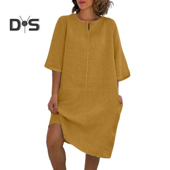 

Женское свободное платье-рубашка из хлопка и льна, повседневное платье миди с рукавом 1/2 и круглым вырезом, летний пляжный сарафан для отдыха L жёлтый