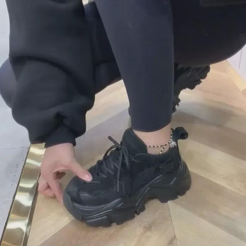 Baskets Dad à Plateforme Noires pour Femmes pour Automne/Printemps 2024 - Style Européen, Tendance Coréenne, Semelle Épaisse pour Hauteur Supplémentaire