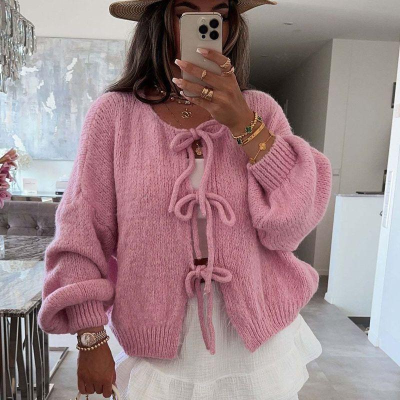 Simple Sweater2025 European and American Autumn and Winter New Women round Neck Lace-up Knit cardigan Simple Sweater Outerwear