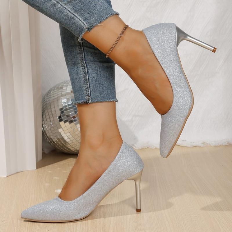 Fashion Style Two-Way Bridal High Heels Women's Thin Heel Silver Crystal New 2026 Spring Autumn Pure Color Shoes