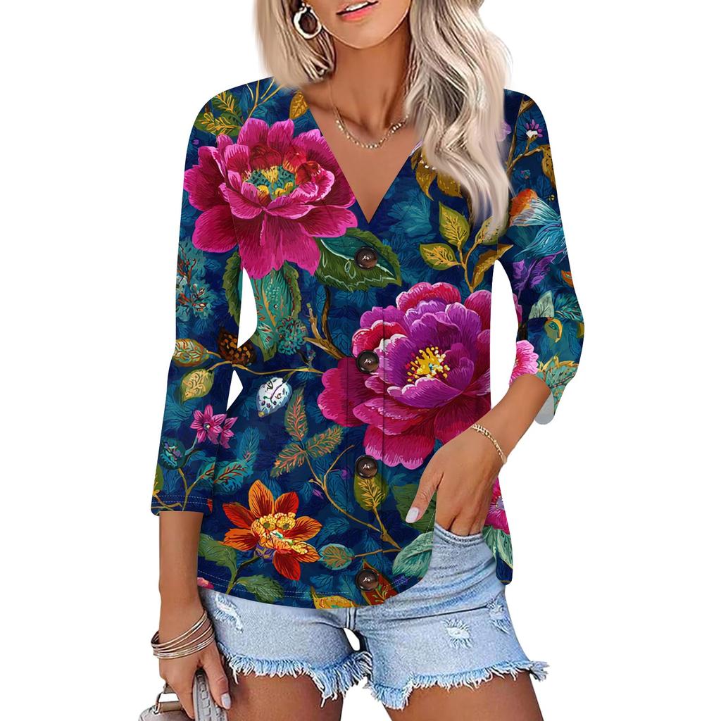 Women's Casual Fashion Floral Print Three-quarter Sleeve Button Cardigan Top
