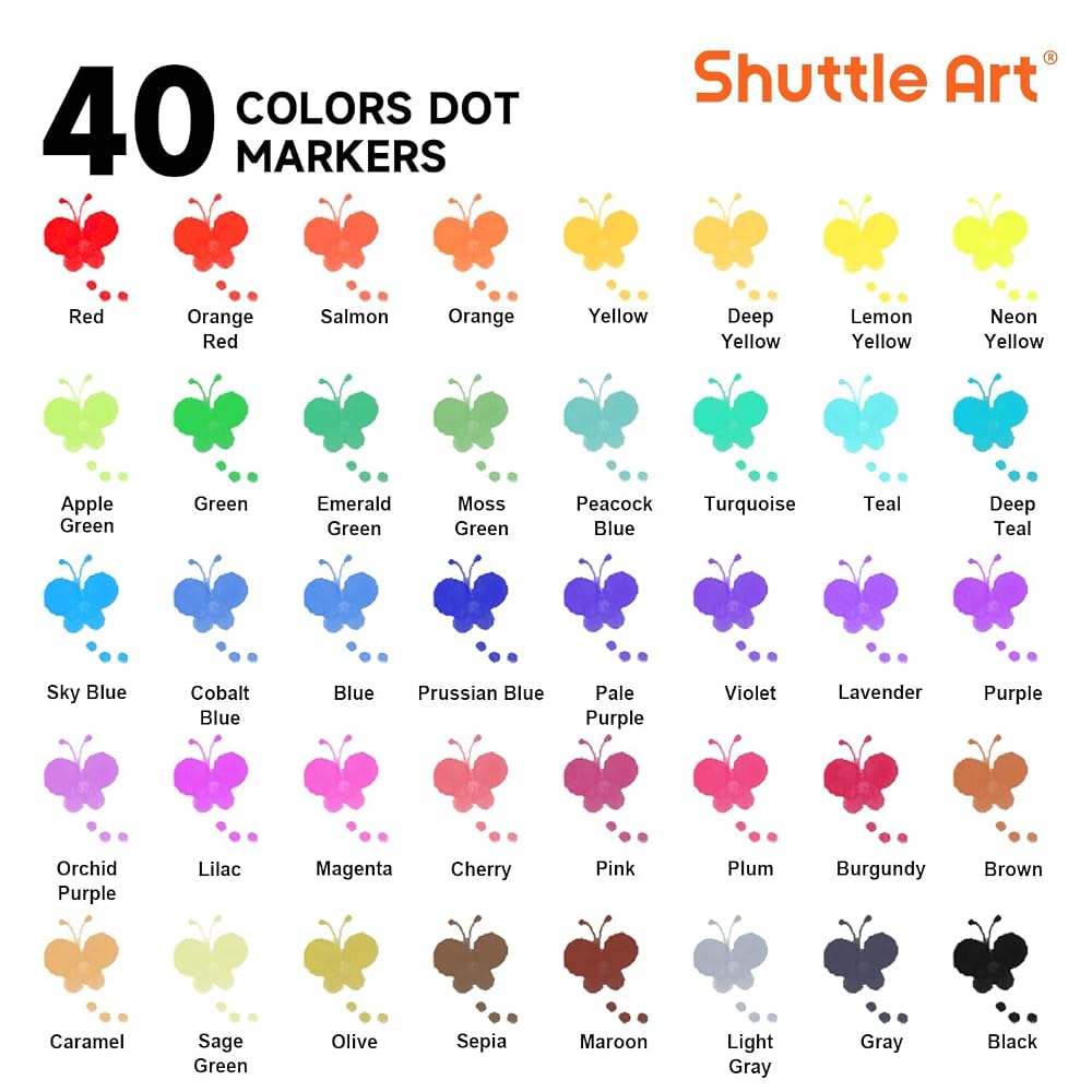 Shuttle Art Dot Marker Color Pens, 40-Color Set (12ml), Water-Based, Washable, Includes Coloring