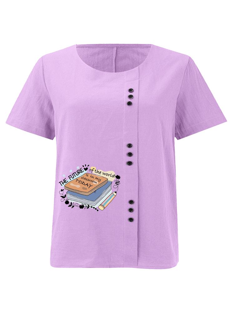 Women's Fashion Book Letter Pattern Print Round Neck Short Sleeve T-shirt Casual Cotton Linen Graphic Shirt Leisure Loose Summer Blouse Tops