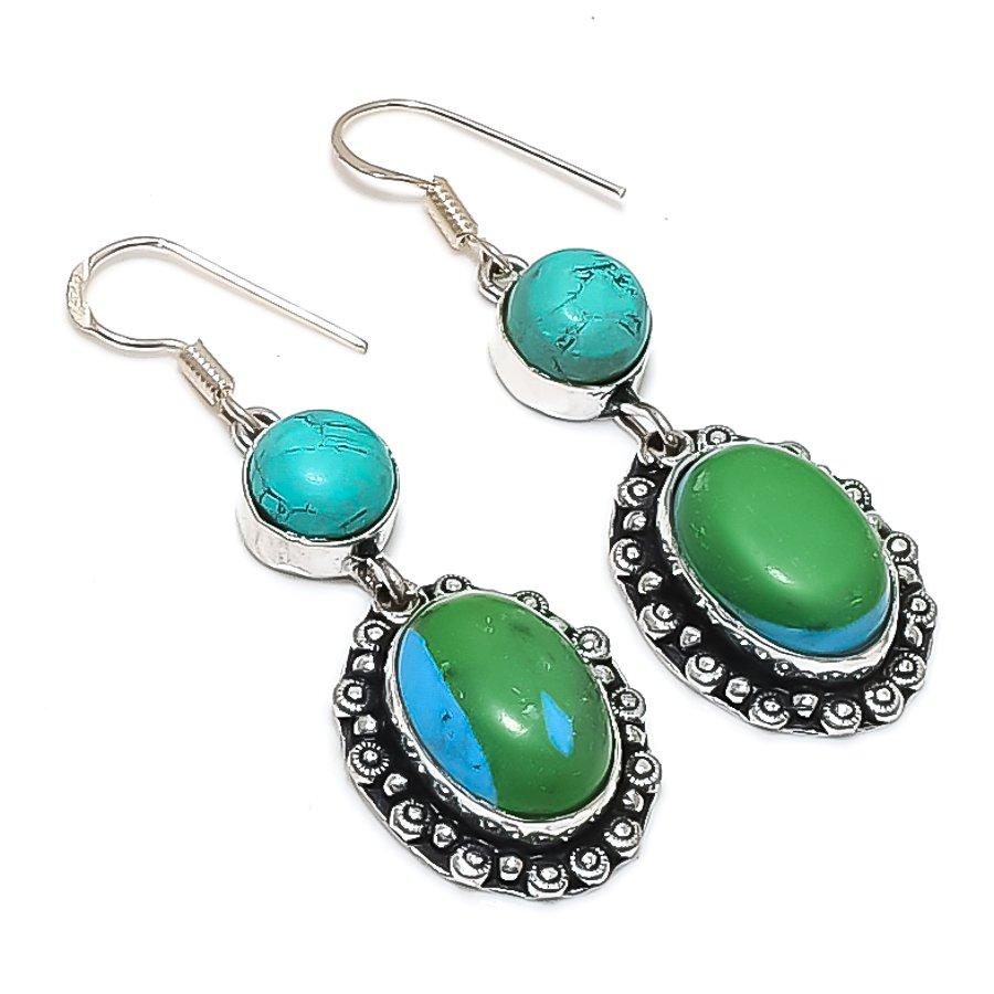 Natural Rainbow Calsilica, Turquoise 925 Sterling Silver Earring 2.13" r2a12