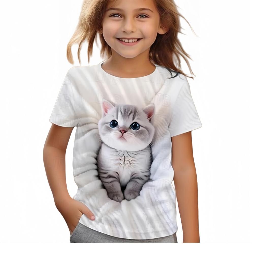 2025 New Girl's T-shirt Fashion Dolphin Children's Clothing Summer Girl's Clothing Cartoon Top Cute Cat Printed T-shirt Children's Clothing