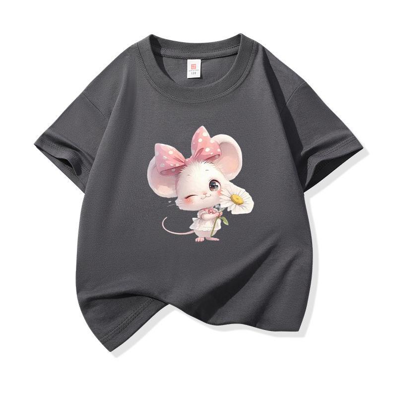 Kids Cotton T Shirt Adorable Mouse With Bow  Flower Print Crew Neck Short Sleeve Tee Casual Boys Girls Summer Tops