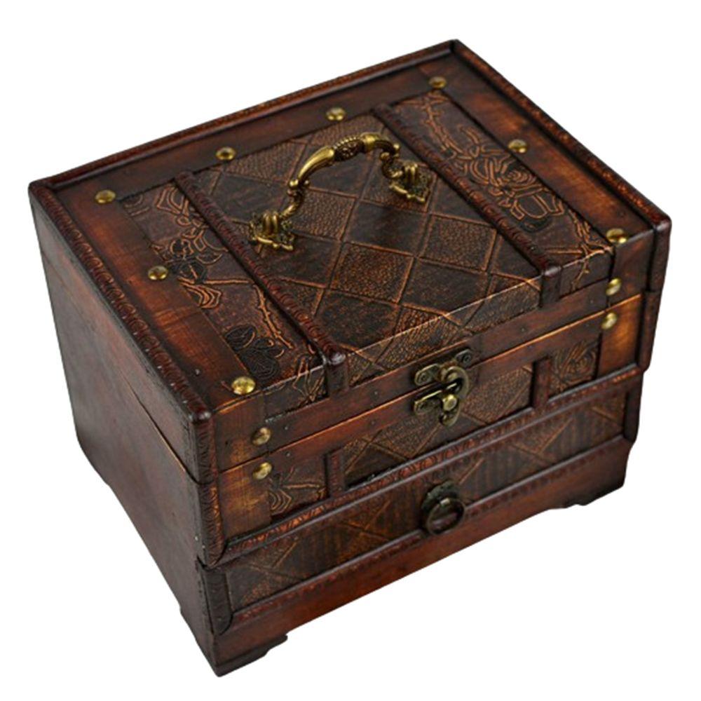 Intricate Carved Retro Distressed Storage Box Creative Dressing Box Wooden Treasure Box  Rings