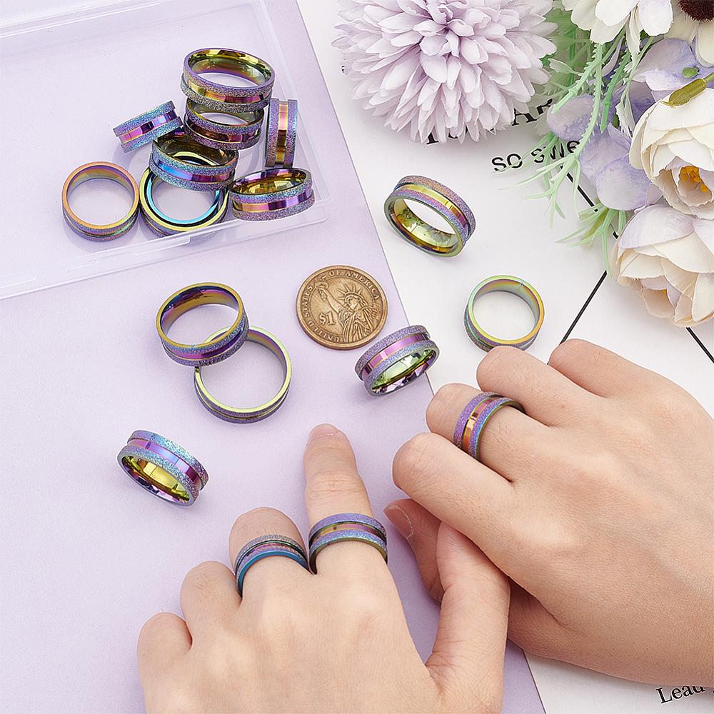 18Pcs 9 Size 201 Stainless Steel Grooved Finger Rings Set for Men Women, Rainbow Color, Inner Diameter: 16~22.2mm, Wide: 8mm, 2Pcs/size