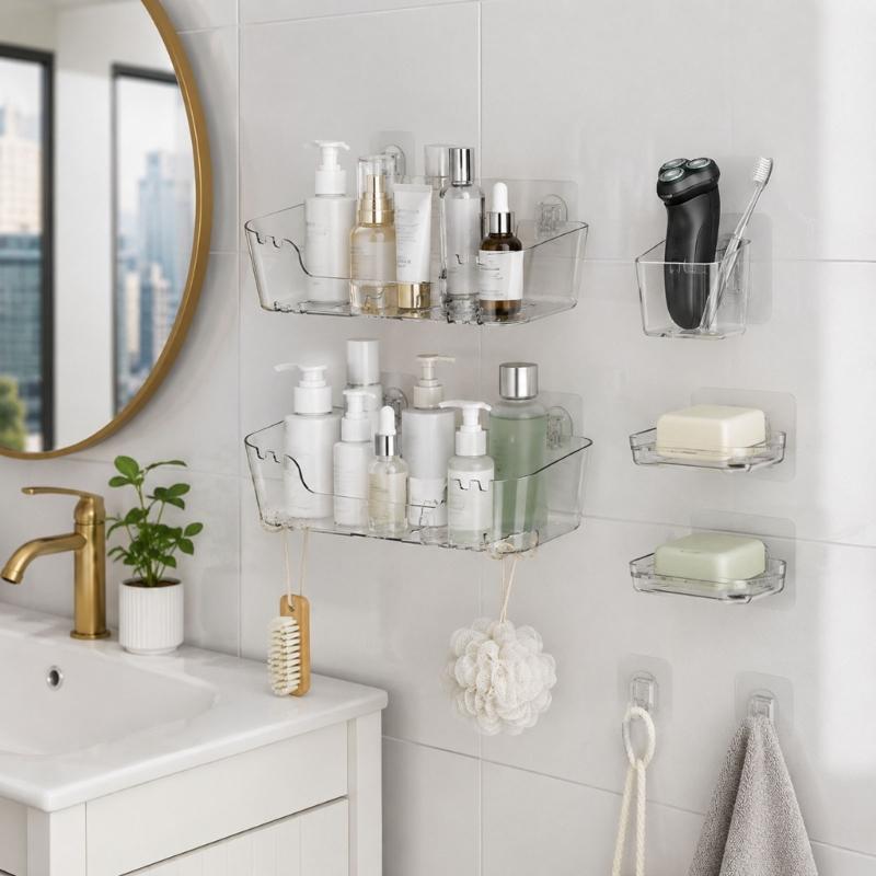 Bathroom Wall Shelf with Open Base, Adhesive Shower Storage Rack for Mounting of Bottles, Soap and Daily Use Items near Sink Side Storage
