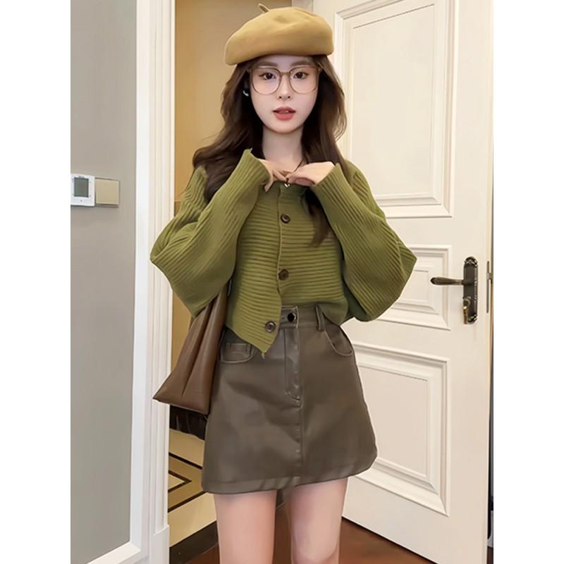 Short Knit Cardigan Women Loose Fit Round Neck Long Sleeve 80-140 Lbs