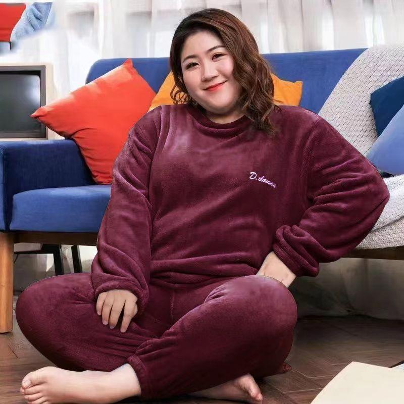 

Осень и Зима Женский Большой Размер Домашняя Одежда Толстый Теплый Коралловый Флис Пижамный Комплект XL вино красного