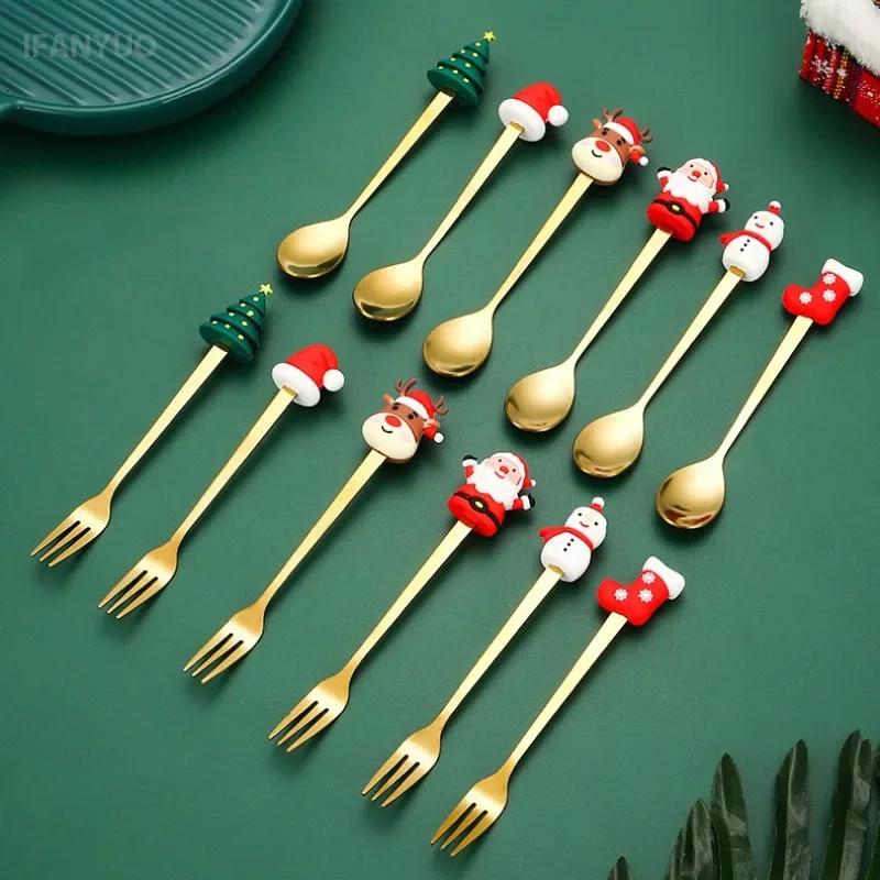2/4/6Pcs Christmas Spoon and Fork Set Stainless Steel Creative Tableware Coffee Tea Dessert Scoop Fork Exquisite Gift Box Set