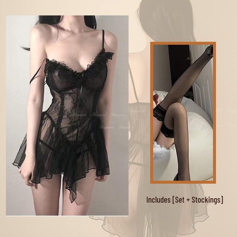 Golden Night Lingerie: Sheer Mesh Strapless Nightgown Lace Set