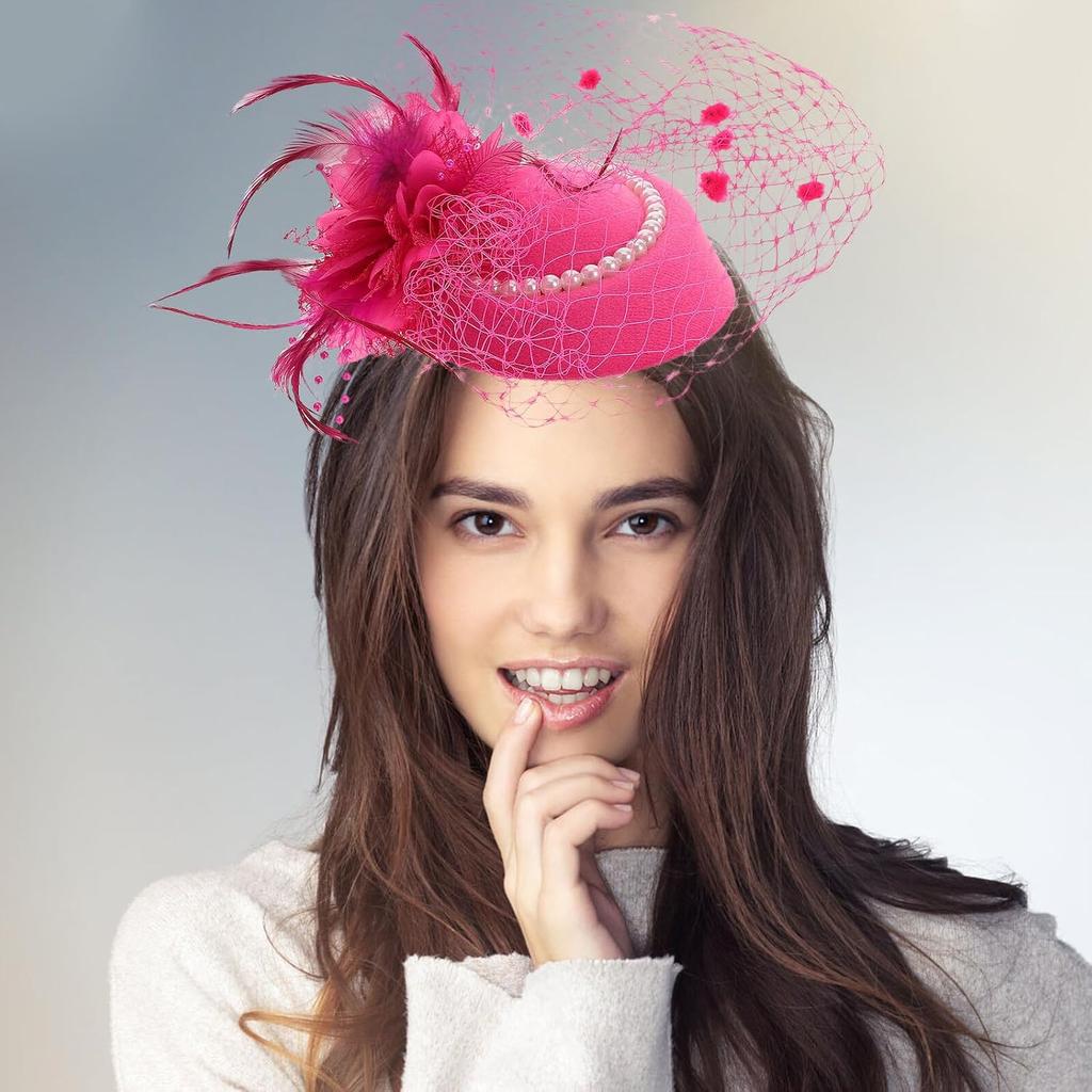 Fascinator Hat for Women Mesh Veil Pearl Decorative Hair Clip Rose Red Small Bridal Headpiece for Tea Party Banquet and Special Occasion Accessories