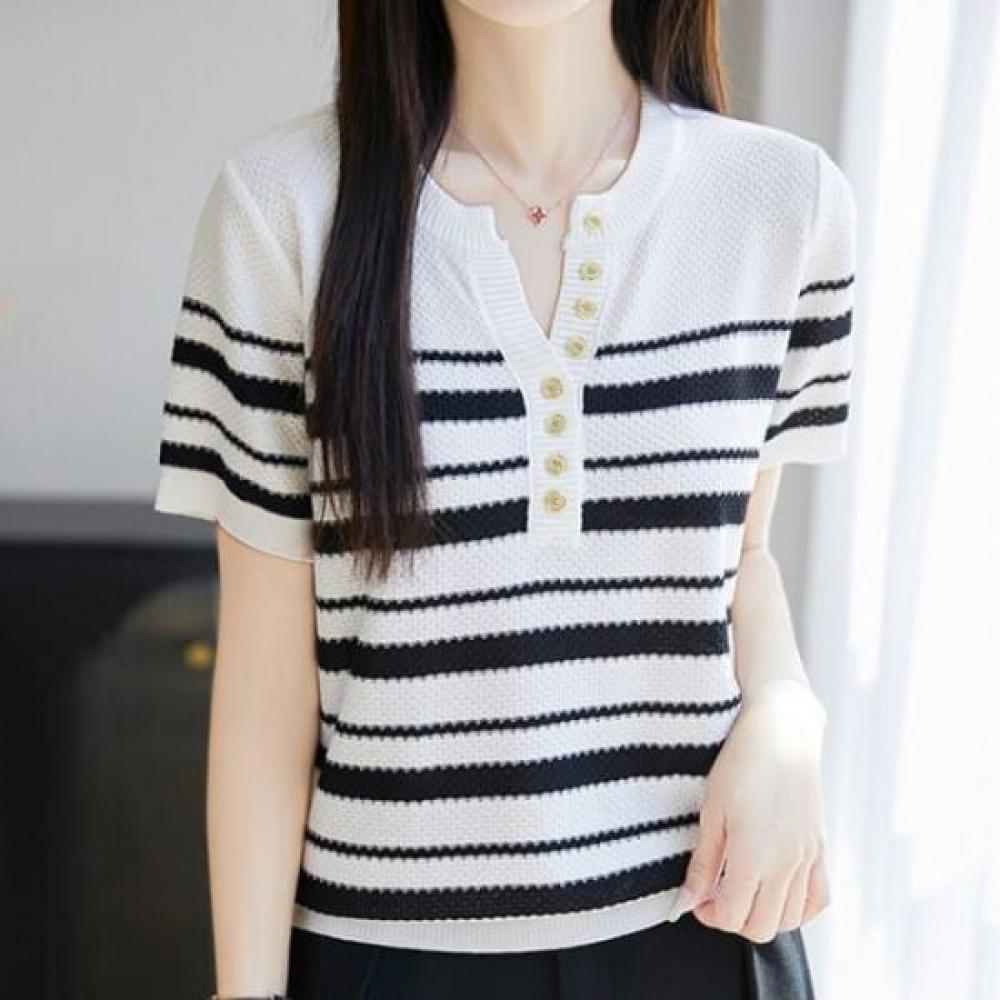 Navava Women STripe BuTTon PoinT ShorT Sleeve KniT T Nk2964