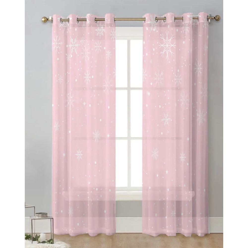 Christmas Snowflake Pink Yarn Curtain Window Tulle Curtains For Living Room Kitchen Sheer Window Treatments Voile Curtains