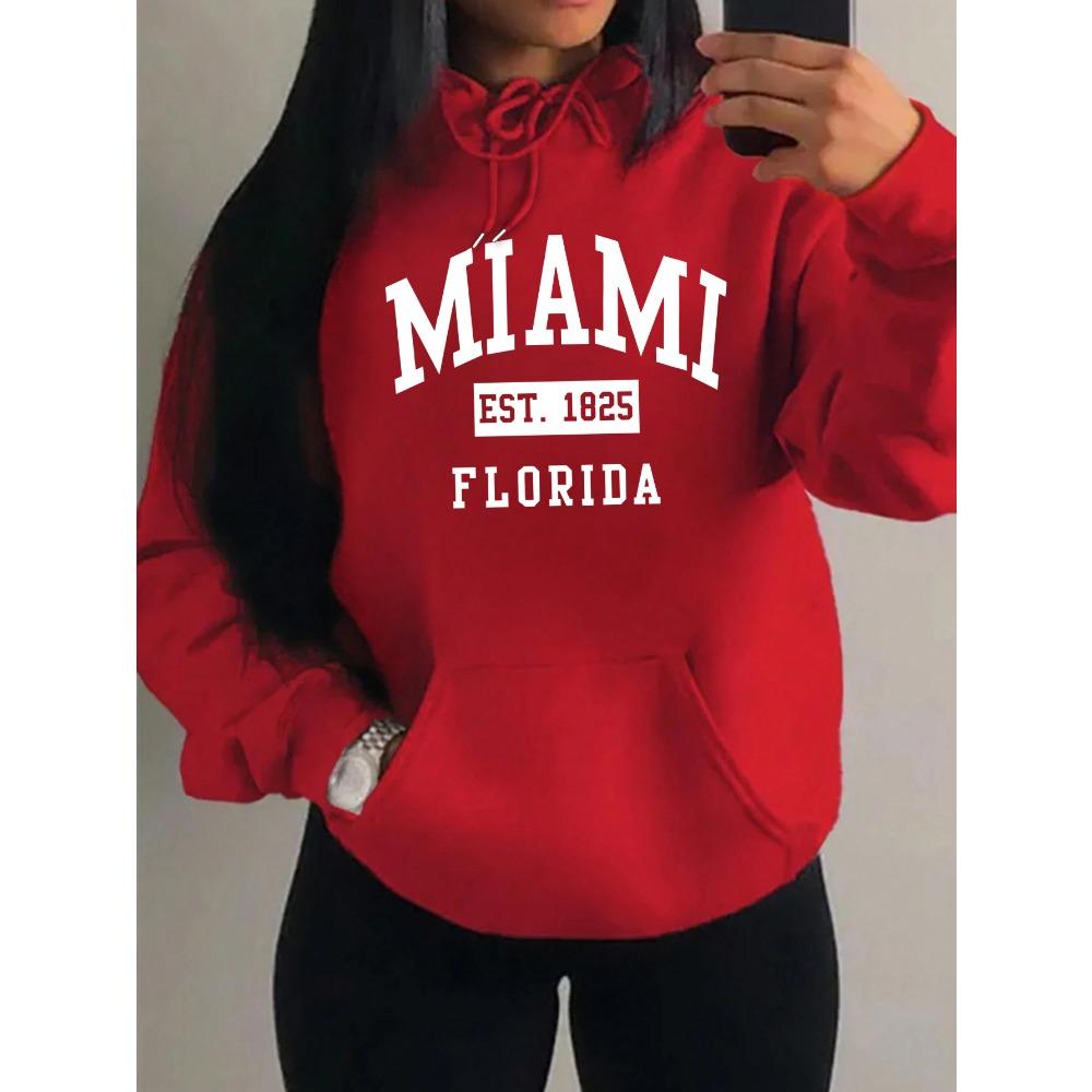 Miami Est 1825 City Art Letter Prints Women Hoodie Pocket Streetwear Harajuku Loose Hoody Fleece Female Clothing