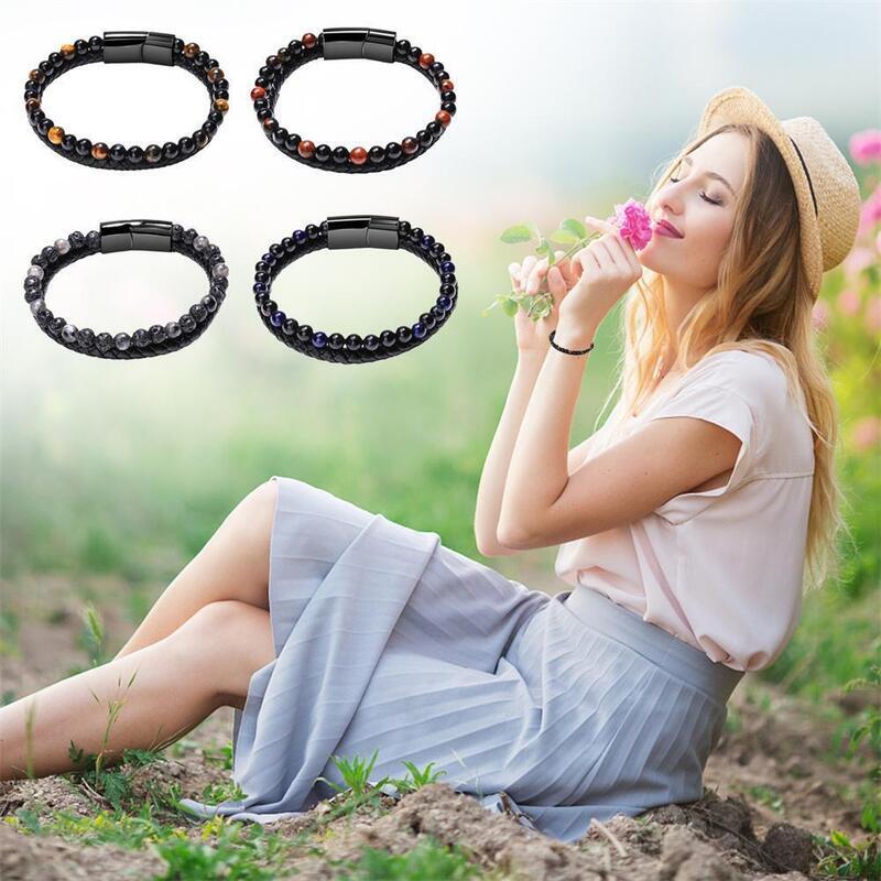 Men Double 21cm Layered Volcanic Stone Beaded Bracelet Alloy Clasp Leather Faux