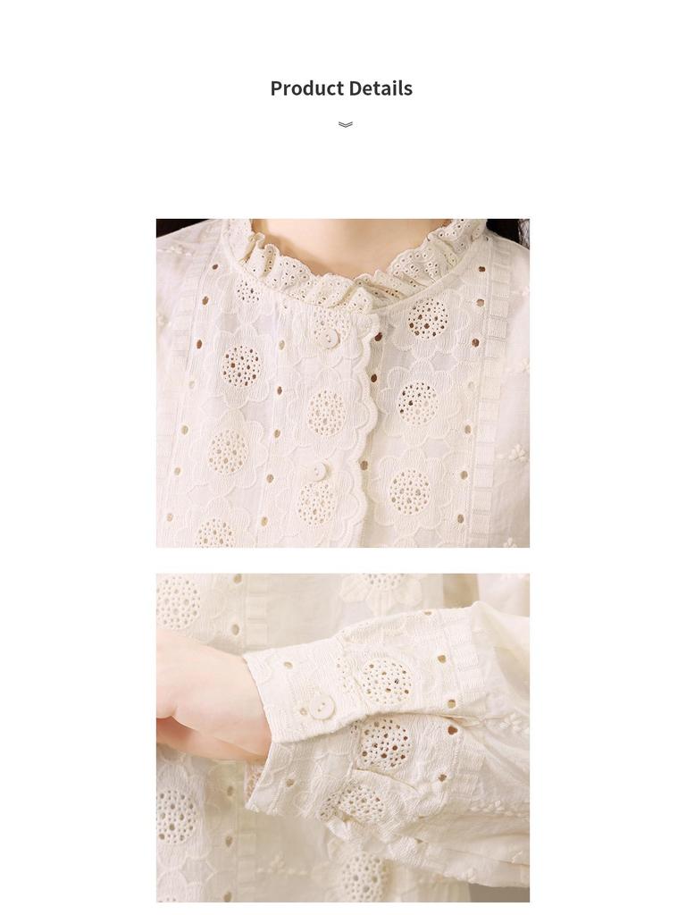Apricot Women's Long Sleeve Shirt with Lace Trim Collar and Embroidered Flowers - Spring 2025 Design