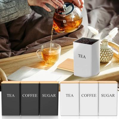 3Pcs Coffee Bean Storage Jar Coffee Sugar and Tea Storage Container with Bamboo Lid Simple Metal Kitchen Storage Supplies