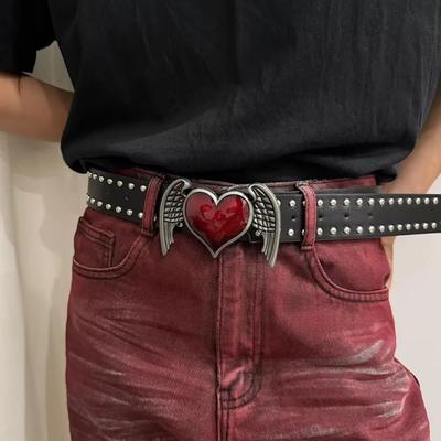 Goth Heart Waistband Y2k Jeans Belt Fashion Black Rivet Belt  Men Women