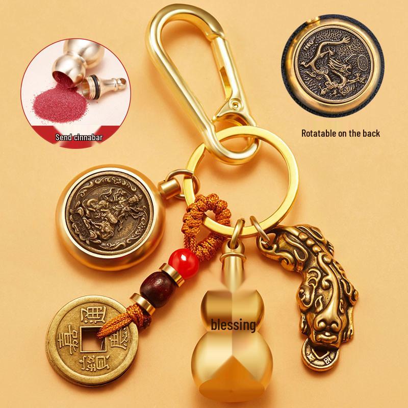 Pixiu Guardian Brass Pendant: Five Emperors Coins & Zodiac Buddha Keychain for Wealth & Protection