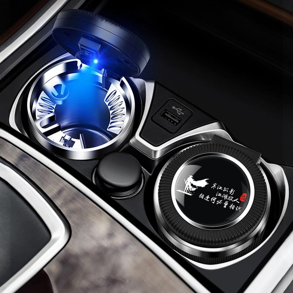Car Ashtray with Lid LED Light Metal Liner One Open