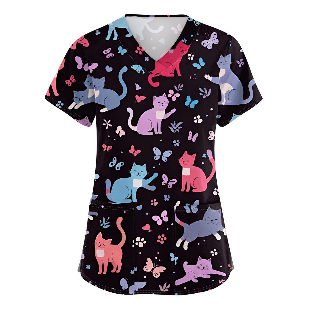 Women's Casual Short-Sleeve Cute Animal Print V-Neck Pocket Workwear Top